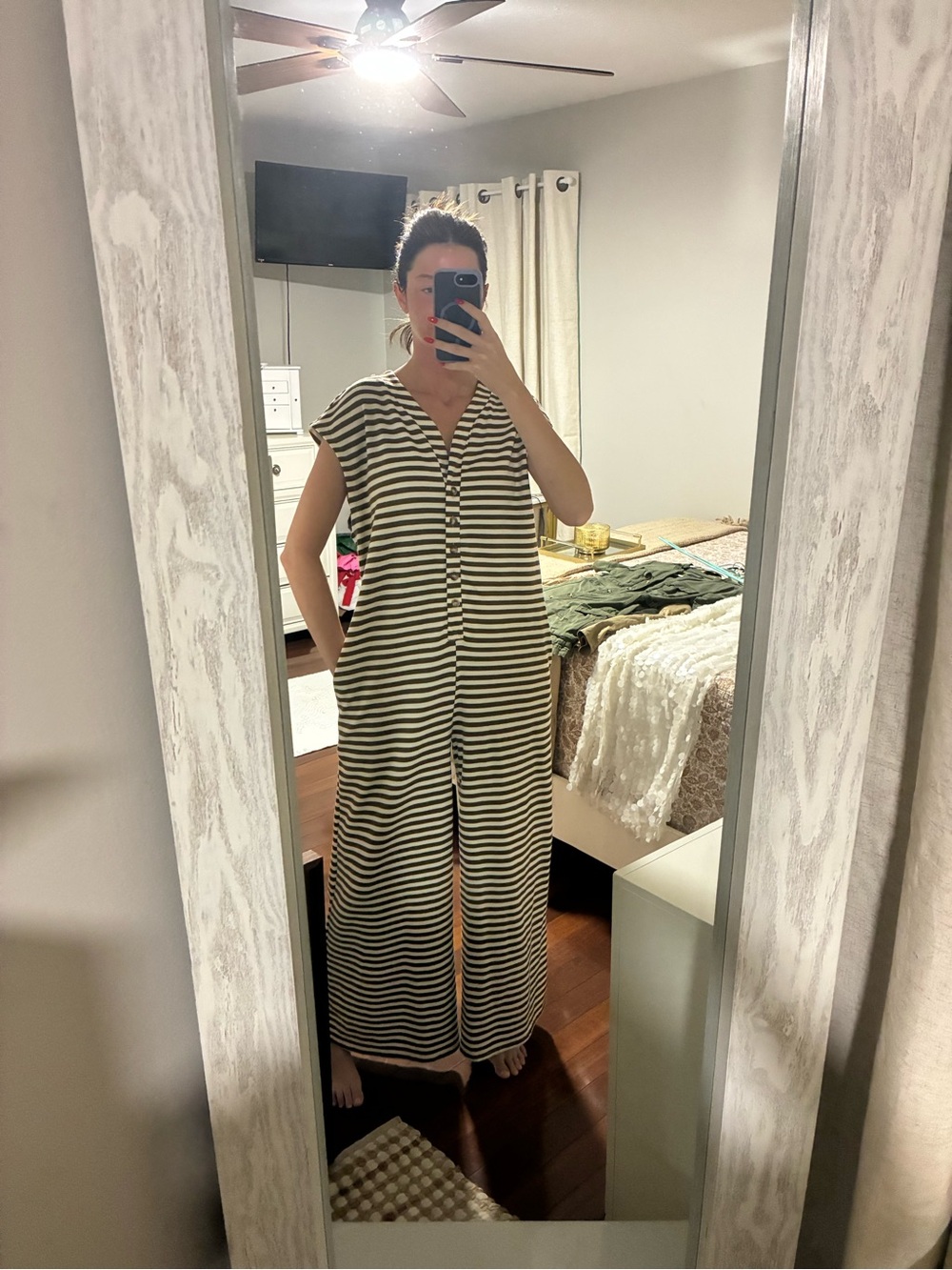 Striped Button-Front Maxi Dress in Olive & White